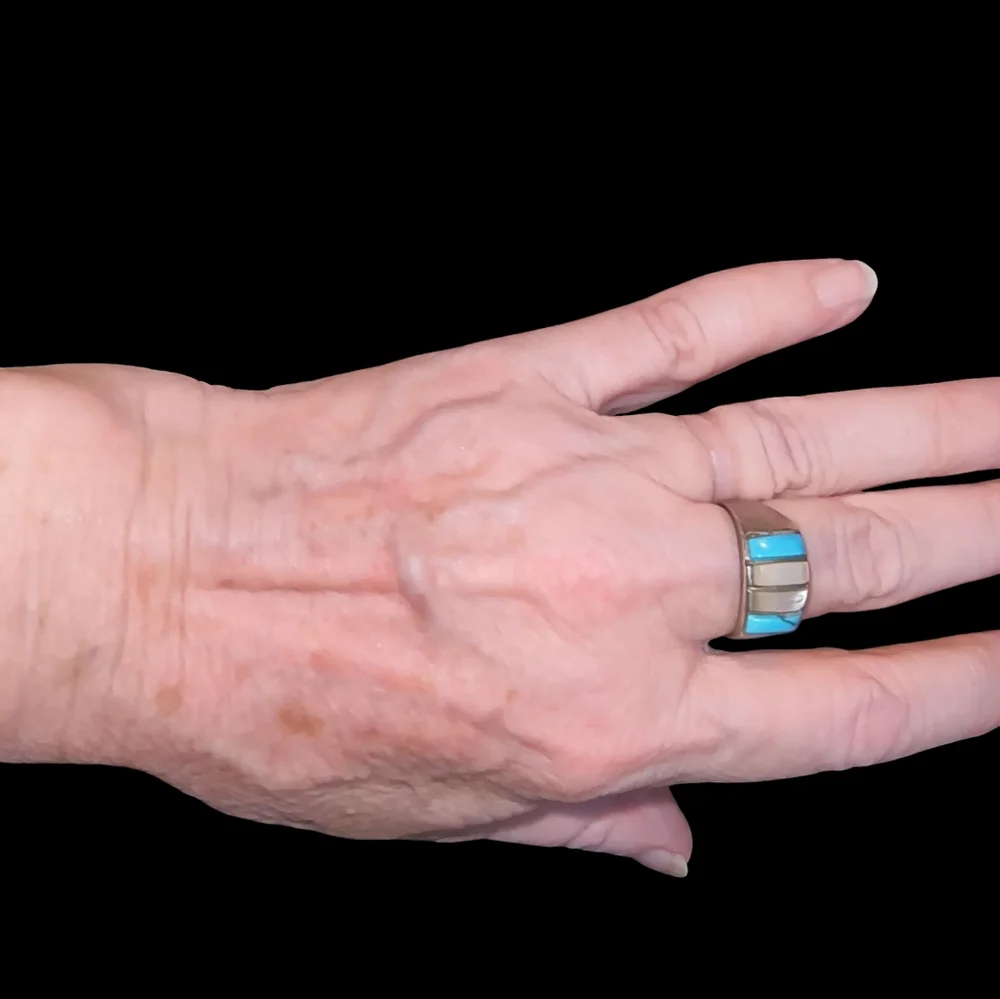 Vintage Unisex Turquoise, MOP Shell, & Sterling Silver Southwestern Ring